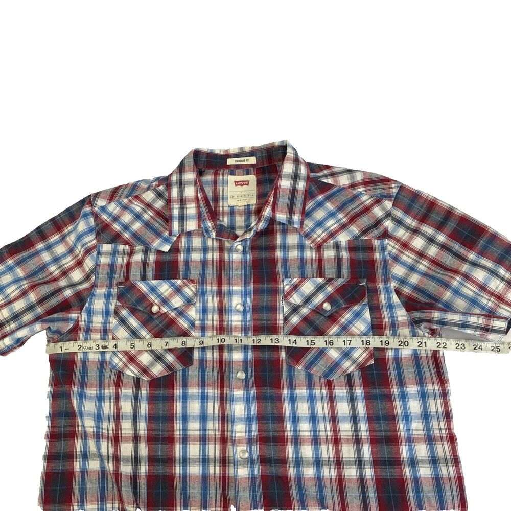 Mens Levi’s Western Short Sleeve Pearl Snap Shirt Size Large Red Plaid - Picture 3 of 7